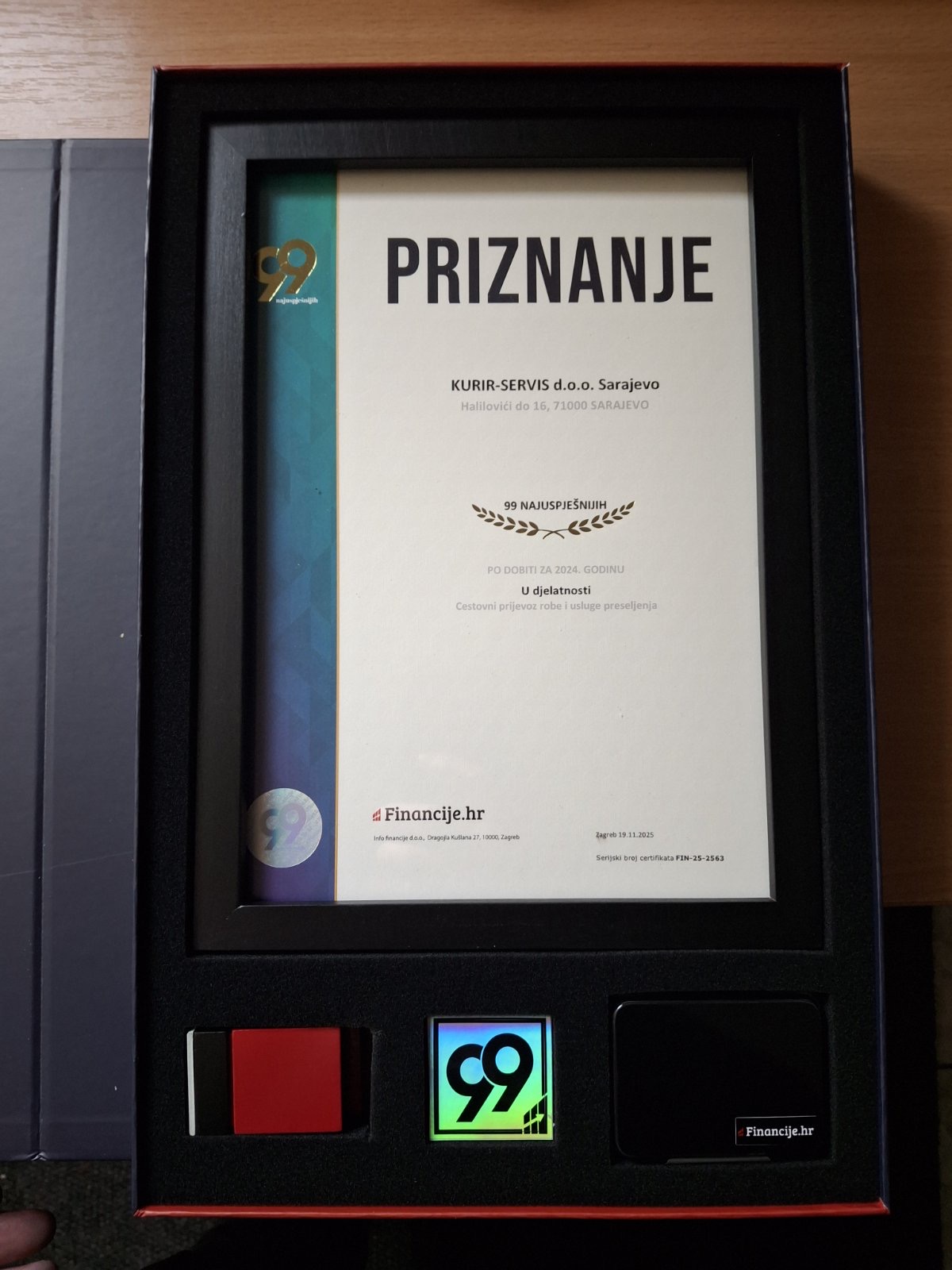 Priznanje 99 najuspješnijih — Kurir Servis d.o.o. Sarajevo, dodijeljeno od Financije.hr za 2024. godinu